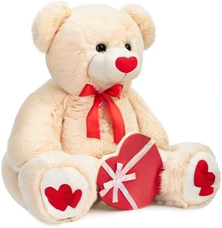 HollyHOME Big Teddy Bear Stuffed Animal Large Bear Plush with Red Heart for Girlfriend and Kids Valentine's Day 36 inch Beige