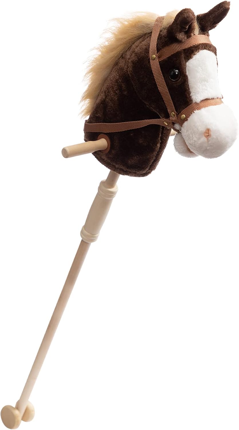 HollyHOME Stick Horse Plush Handcrafted Hobby Horse on a Stick with Wood Wheels Real Pony Neighing and Galloping Sounds for Kids Toddlers Beige 36 Inches(AA Batteries Required)