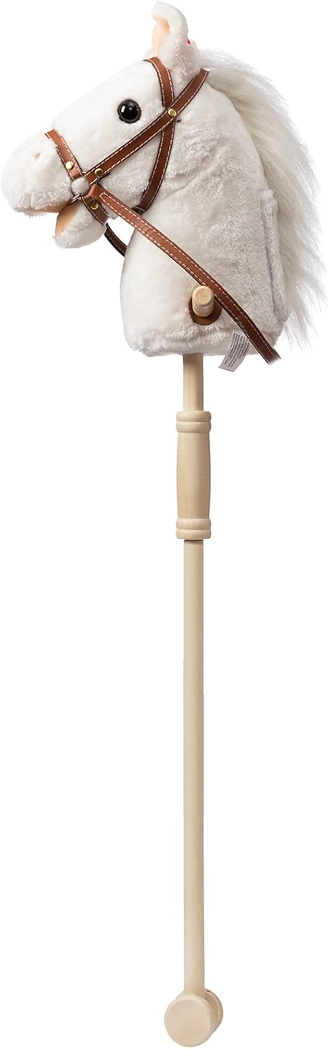 HollyHOME Stick Horse Plush Handcrafted Hobby Horse on a Stick with Wood Wheels Real Pony Neighing and Galloping Sounds for Kids Toddlers Beige 36 Inches(AA Batteries Required)