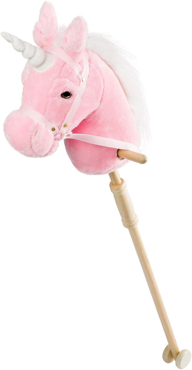 HollyHOME Unicorn Stick Horse Handcrafted Hobby Horse on a Stick with Wood Wheels Real Pony Neighing and Galloping Sounds Plush Unicorn Toy Purple 36 Inches(AA Batteries Required)