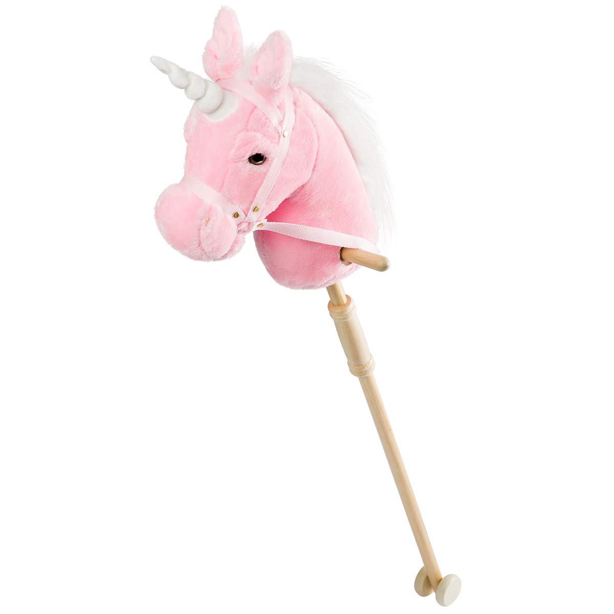 HollyHOME Unicorn Stick Horse with Wood Wheels Real Pony Neighing and Galloping Sounds Plush Unicorn Toy Pink with Rainbow Mane 36 Inches(AA Batteries Required)