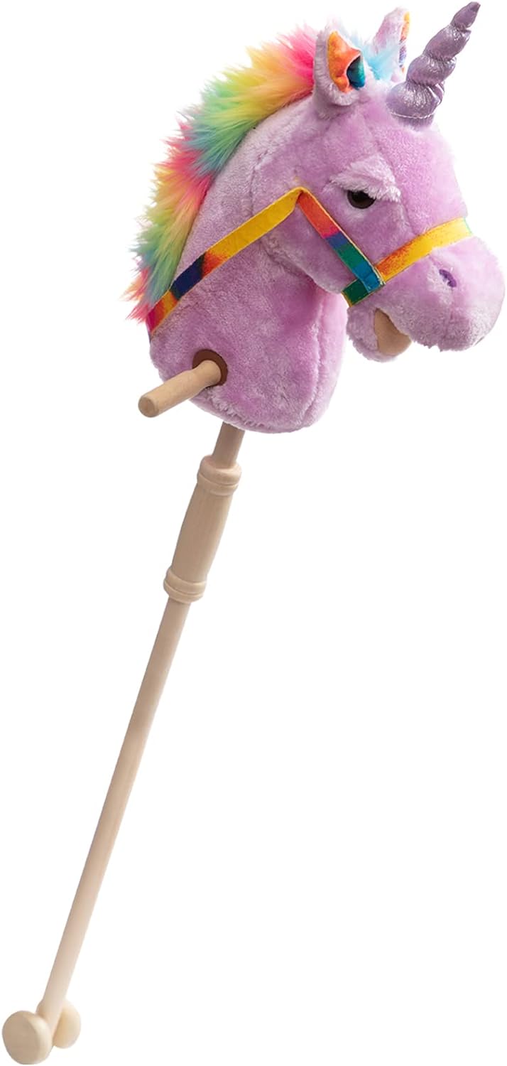 HollyHOME Unicorn Stick Horse Handcrafted Hobby Horse on a Stick with Wood Wheels Real Pony Neighing and Galloping Sounds Plush Unicorn Toy Purple 36 Inches(AA Batteries Required)