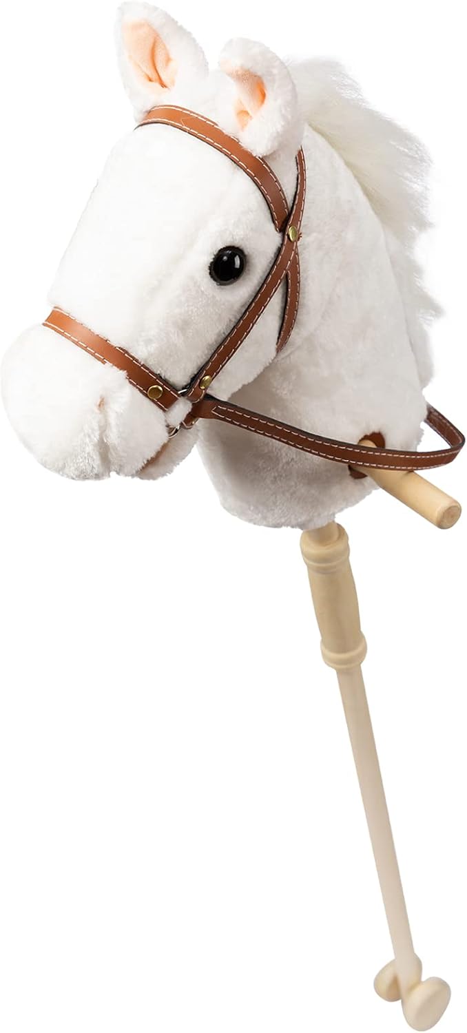 HollyHOME Stick Horse Plush Handcrafted Hobby Horse on a Stick with Wood Wheels Real Pony Neighing and Galloping Sounds for Kids Toddlers Beige 36 Inches(AA Batteries Required)