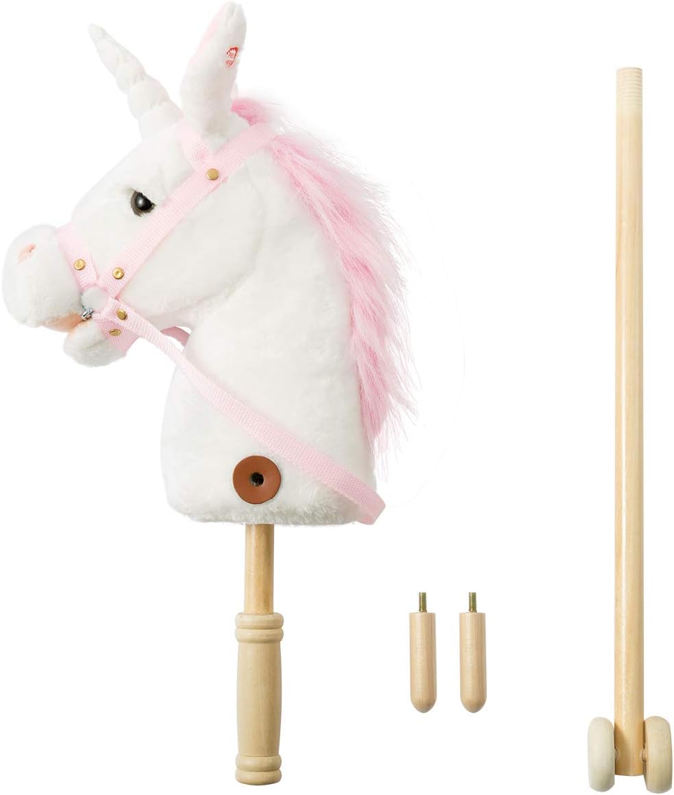 HollyHOME Unicorn Stick Horse Handcrafted Hobby Horse on a Stick with Wood Wheels Real Pony Neighing and Galloping Sounds Plush Unicorn Toy Purple 36 Inches(AA Batteries Required)