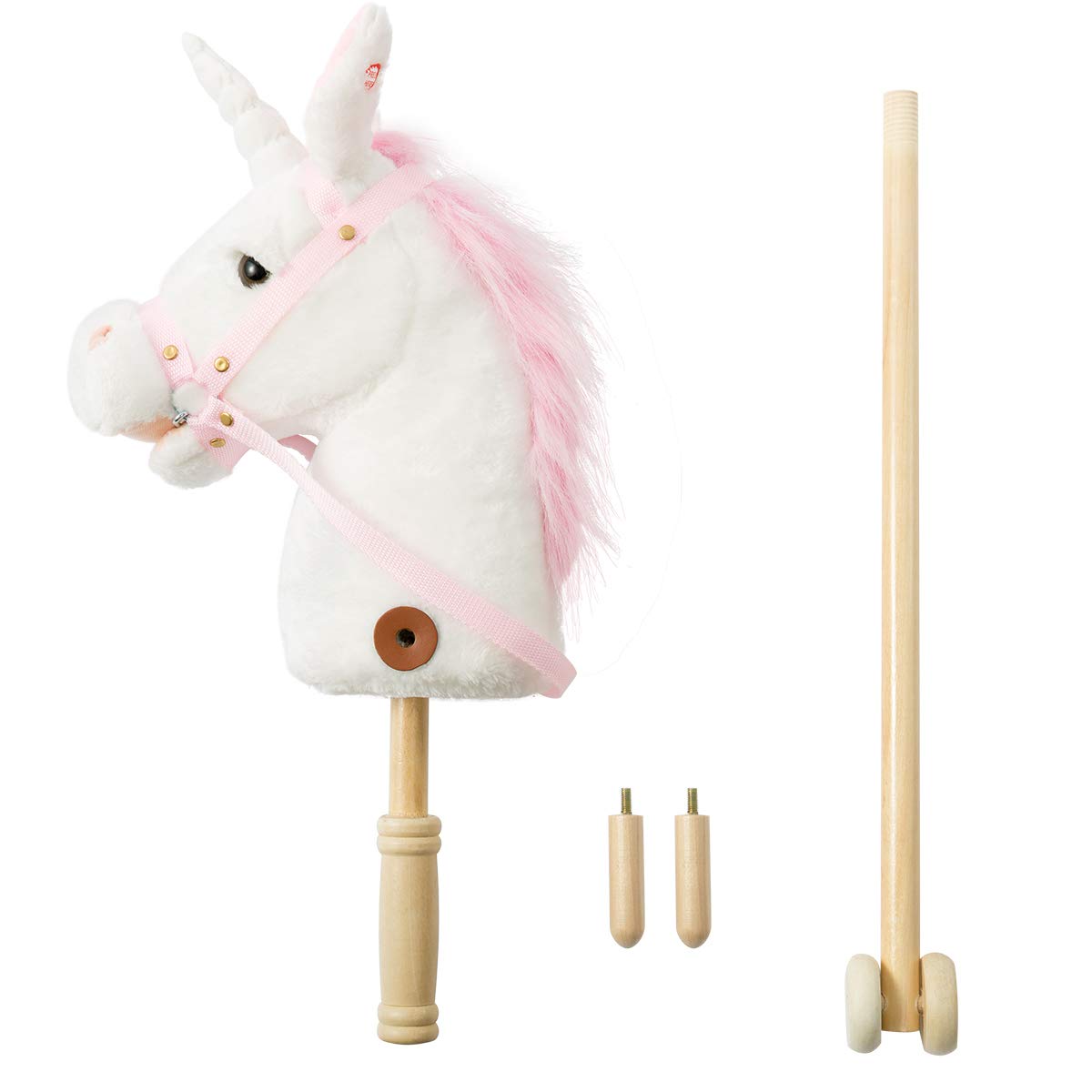 HollyHOME Unicorn Stick Horse with Wood Wheels Real Pony Neighing and Galloping Sounds Plush Unicorn Toy Pink with Rainbow Mane 36 Inches(AA Batteries Required)