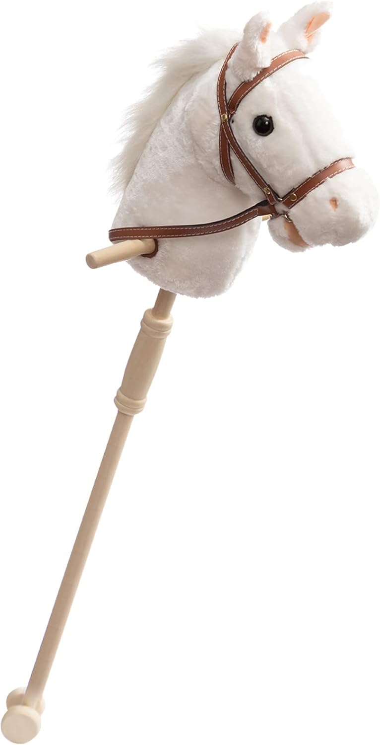 HollyHOME Stick Horse Plush Handcrafted Hobby Horse on a Stick with Wood Wheels Real Pony Neighing and Galloping Sounds for Kids Toddlers Beige 36 Inches(AA Batteries Required)