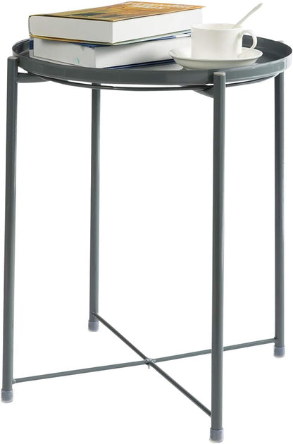 HollyHOME Metal End Side Table, Sofa Table Small Round Tray Tables, (H) 20.28" x(D) 16.38", Accent Anti-Rust and Waterproof Coffee Table, Outdoor & Indoor Snack Table, Dark Grey