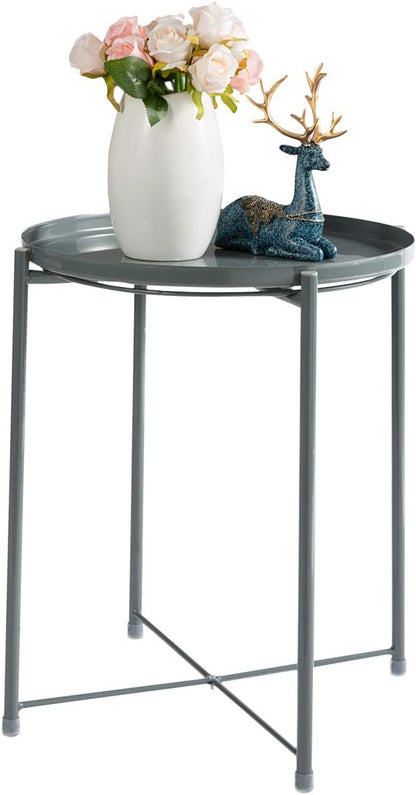 HollyHOME Metal End Side Table, Sofa Table Small Round Tray Tables, (H) 20.28" x(D) 16.38", Accent Anti-Rust and Waterproof Coffee Table, Outdoor & Indoor Snack Table, Dark Grey