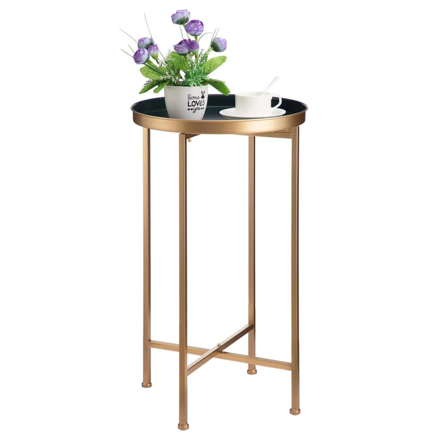 HollyHOME Small Round Metal Waterproof End Table, Accent Indoor&Outdoor Coffee Side Table, Snack Sofa Table for Living Room, Anti-Rust Decorative Plant Stand, (D) 14.5" x (H) 25", Gold&Navy Blue