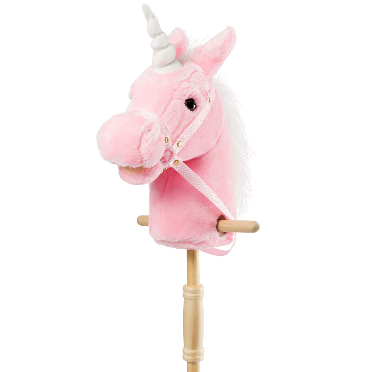 HollyHOME Unicorn Stick Horse with Wood Wheels Real Pony Neighing and Galloping Sounds Plush Unicorn Toy Pink with Rainbow Mane 36 Inches(AA Batteries Required)