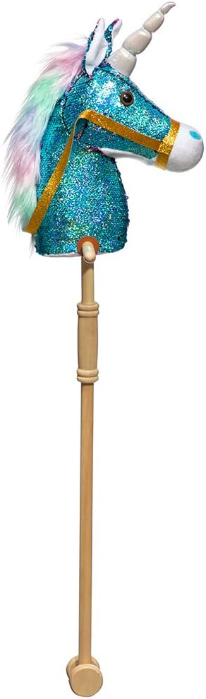 HollyHOME Sequin Unicorn Stick Horse Handcrafted Hobby Horse on a Stick with Wood Wheels Real Pony Neighing and Galloping Sounds Plush Unicorn Toy Blue 36 Inches(AA Batteries Required)