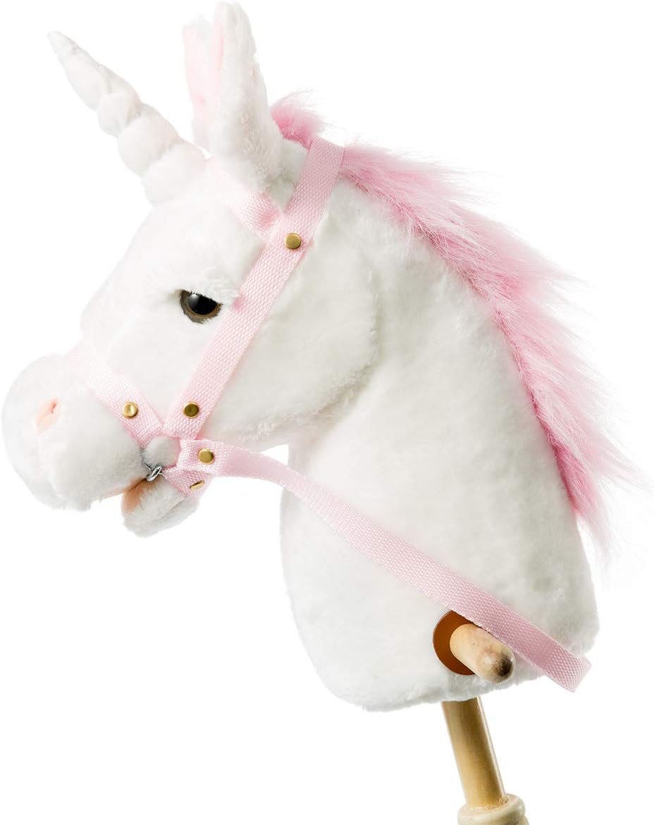 HollyHOME Unicorn Stick Horse Handcrafted Hobby Horse on a Stick with Wood Wheels Real Pony Neighing and Galloping Sounds Plush Unicorn Toy Purple 36 Inches(AA Batteries Required)