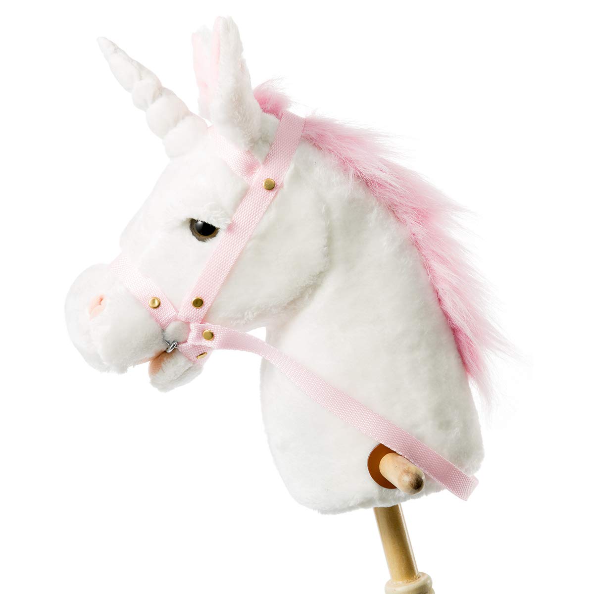 HollyHOME Unicorn Stick Horse with Wood Wheels Real Pony Neighing and Galloping Sounds Plush Unicorn Toy Pink with Rainbow Mane 36 Inches(AA Batteries Required)