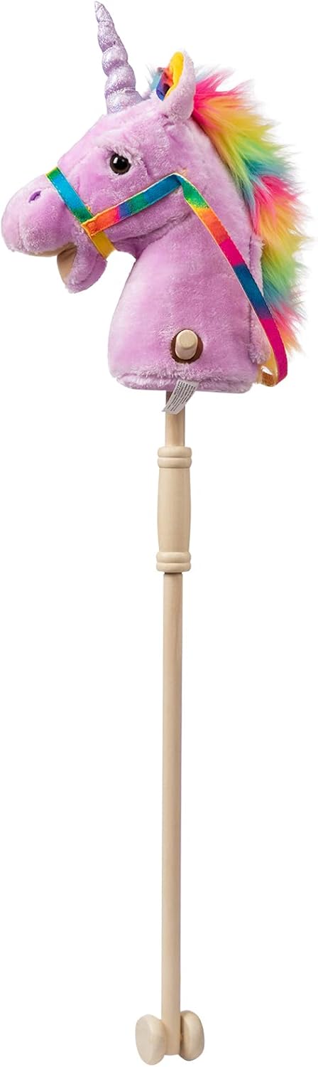 HollyHOME Unicorn Stick Horse Handcrafted Hobby Horse on a Stick with Wood Wheels Real Pony Neighing and Galloping Sounds Plush Unicorn Toy Purple 36 Inches(AA Batteries Required)