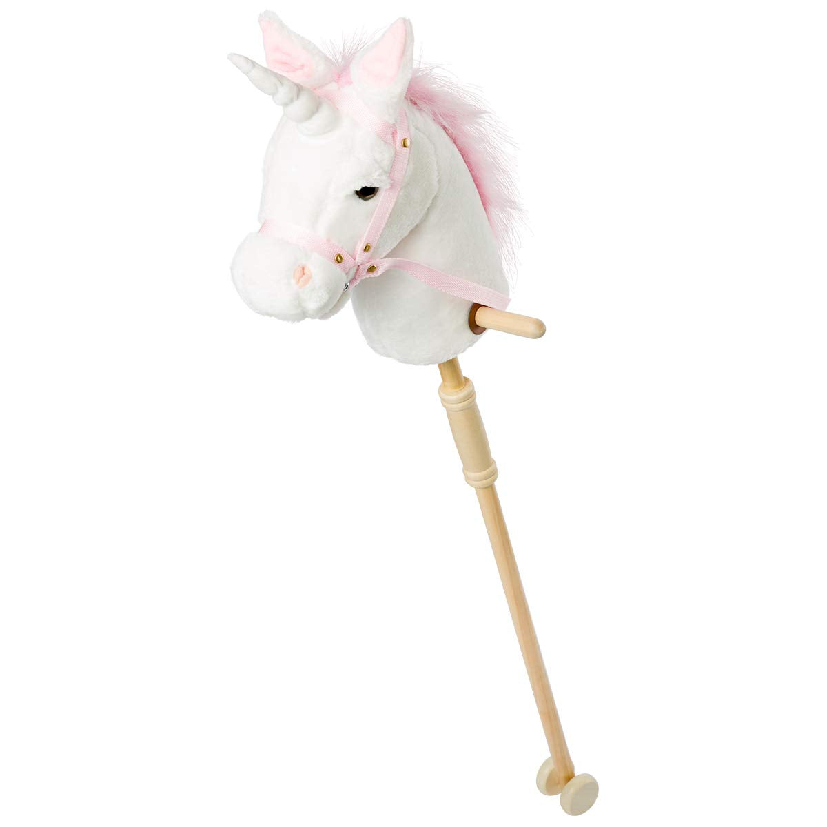 HollyHOME Unicorn Stick Horse with Wood Wheels Real Pony Neighing and Galloping Sounds Plush Unicorn Toy Pink with Rainbow Mane 36 Inches(AA Batteries Required)