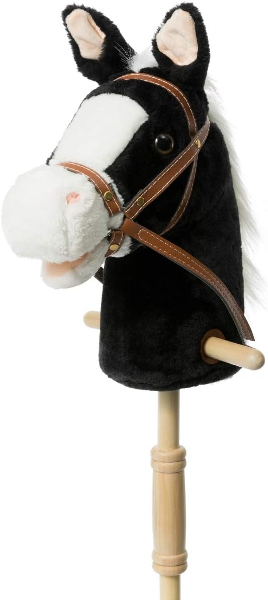 HollyHOME Stick Horse Plush Handcrafted Hobby Horse on a Stick with Wood Wheels Real Pony Neighing and Galloping Sounds for Kids Toddlers Beige 36 Inches(AA Batteries Required)