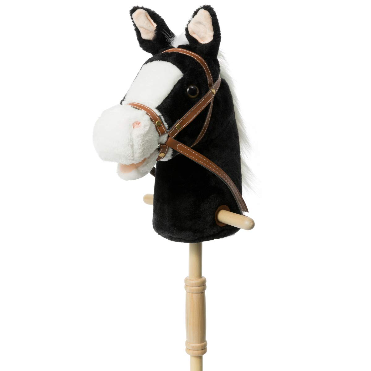 HollyHOME Stick Horse Plush Handcrafted Hobby Horse on a Stick with Wood Wheels Real Pony Neighing and Galloping Sounds for Kids Toddlers Black 36 Inches(AA Batteries Required)