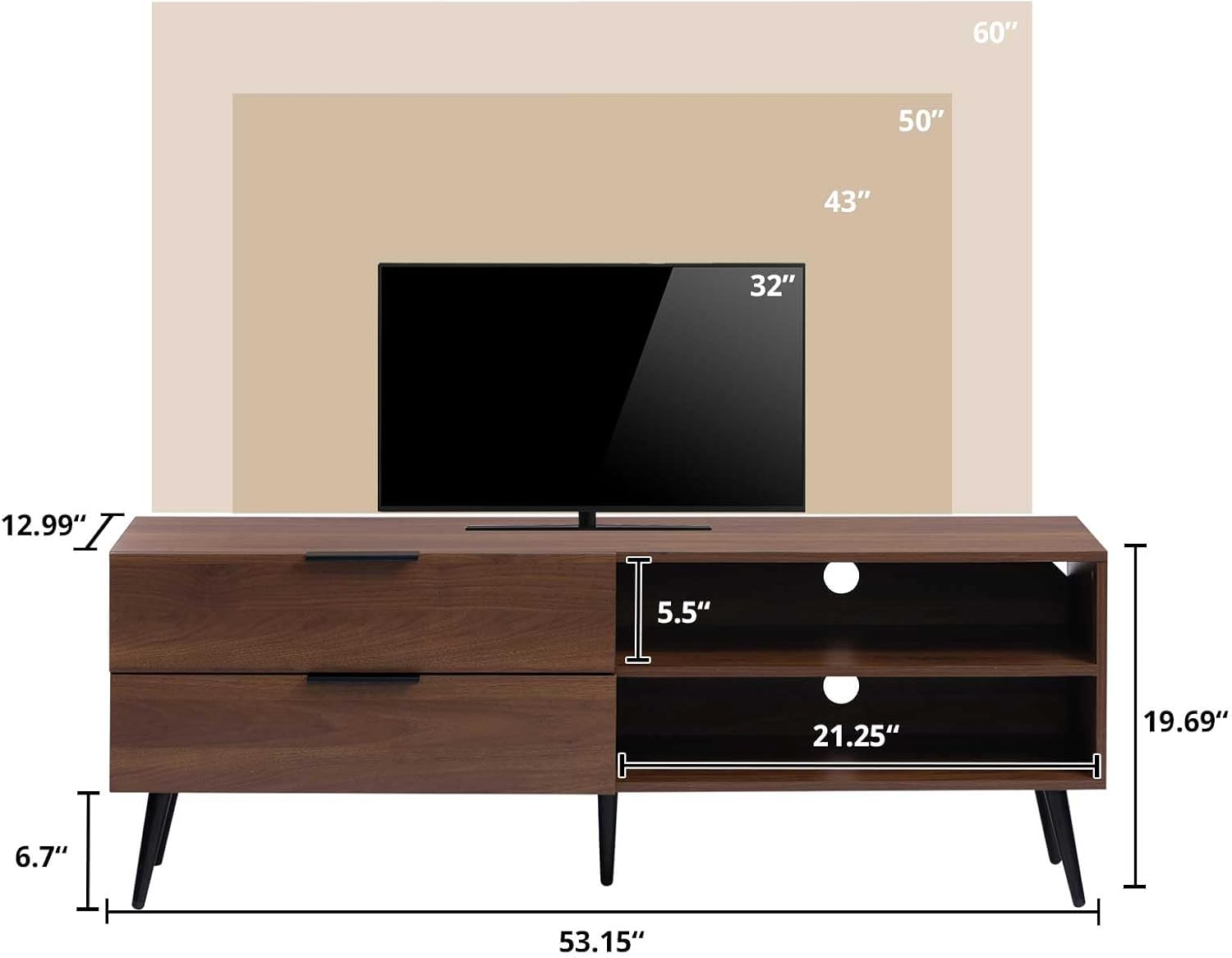 HollyHOME 53"(L) Retro Brown Wood TV Stand(with 2 Drawers）