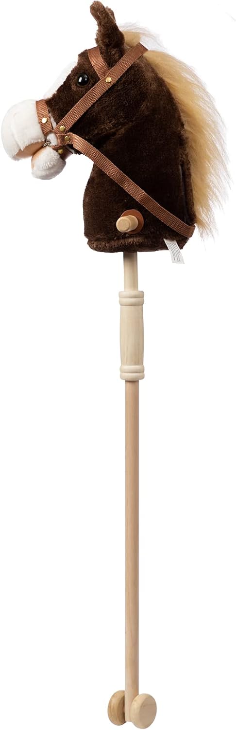 HollyHOME Stick Horse Plush Handcrafted Hobby Horse on a Stick with Wood Wheels Real Pony Neighing and Galloping Sounds for Kids Toddlers Beige 36 Inches(AA Batteries Required)