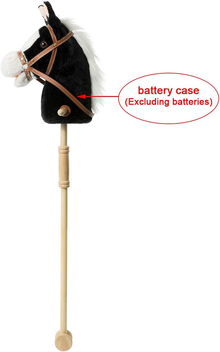 HollyHOME Stick Horse Plush Handcrafted Hobby Horse on a Stick with Wood Wheels Real Pony Neighing and Galloping Sounds for Kids Toddlers Black 36 Inches(AA Batteries Required)