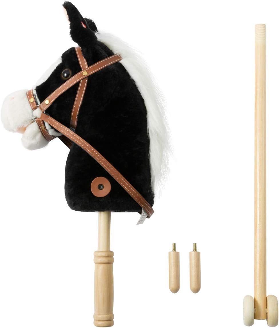 HollyHOME Stick Horse Plush Handcrafted Hobby Horse on a Stick with Wood Wheels Real Pony Neighing and Galloping Sounds for Kids Toddlers Beige 36 Inches(AA Batteries Required)