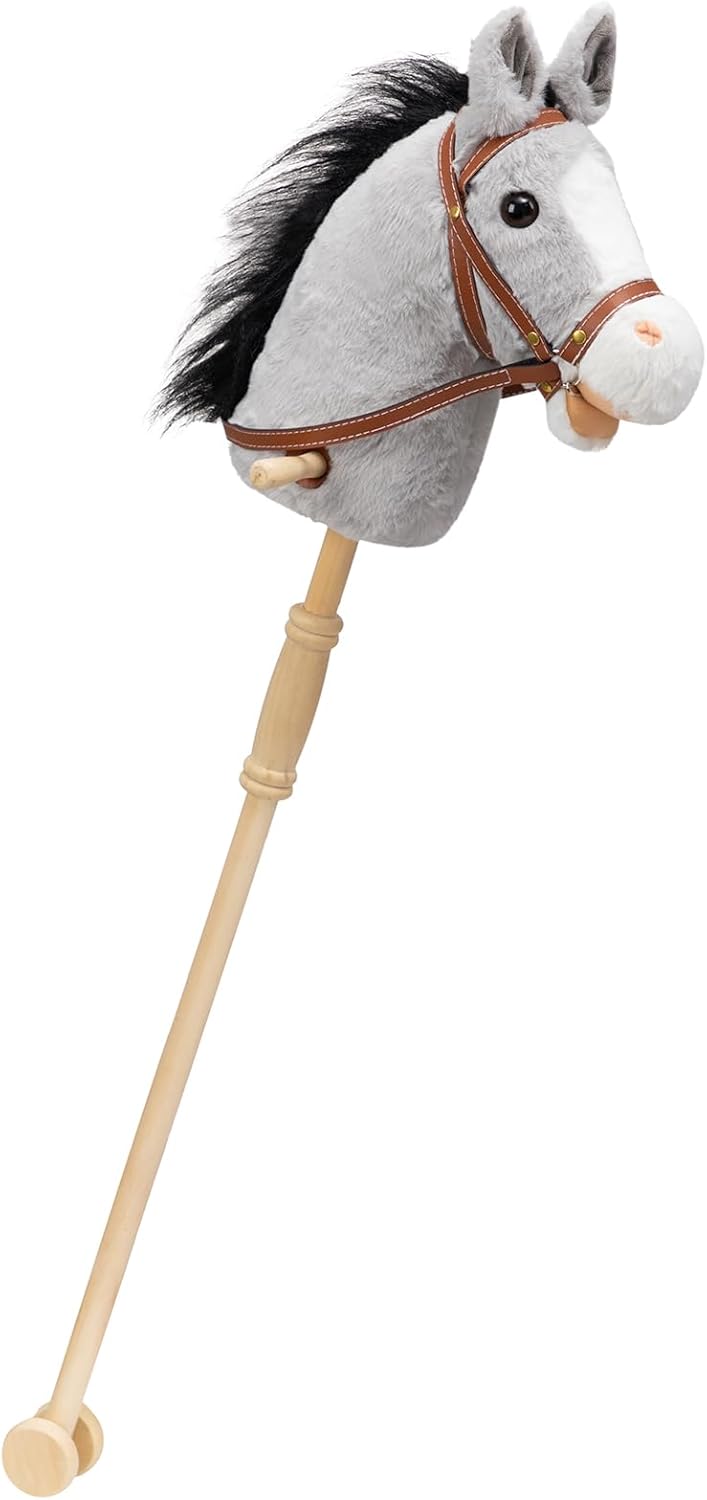 HollyHOME Stick Horse Plush Handcrafted Hobby Horse on a Stick with Wood Wheels Real Pony Neighing and Galloping Sounds for Kids Toddlers Beige 36 Inches(AA Batteries Required)