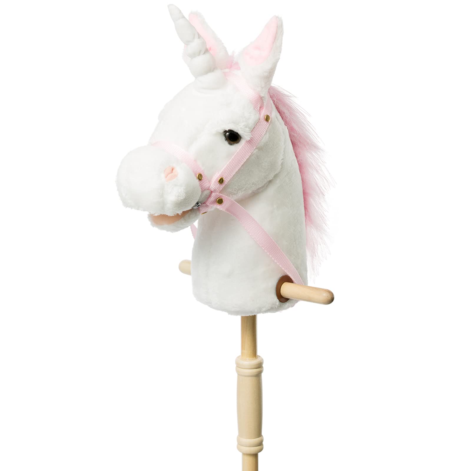 HollyHOME Unicorn Stick Horse with Wood Wheels Real Pony Neighing and Galloping Sounds Plush Unicorn Toy Pink with Rainbow Mane 36 Inches(AA Batteries Required)