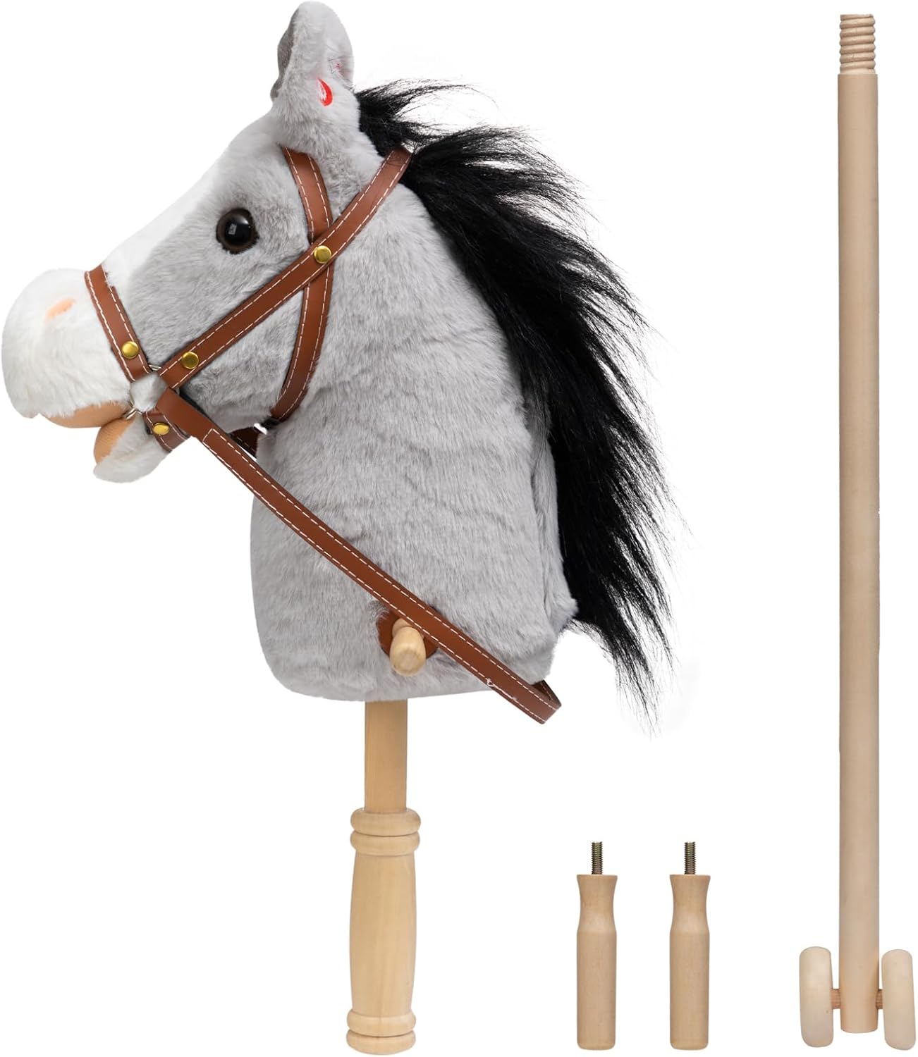 HollyHOME Stick Horse Plush Handcrafted Hobby Horse on a Stick with Wood Wheels Real Pony Neighing and Galloping Sounds for Kids Toddlers Beige 36 Inches(AA Batteries Required)