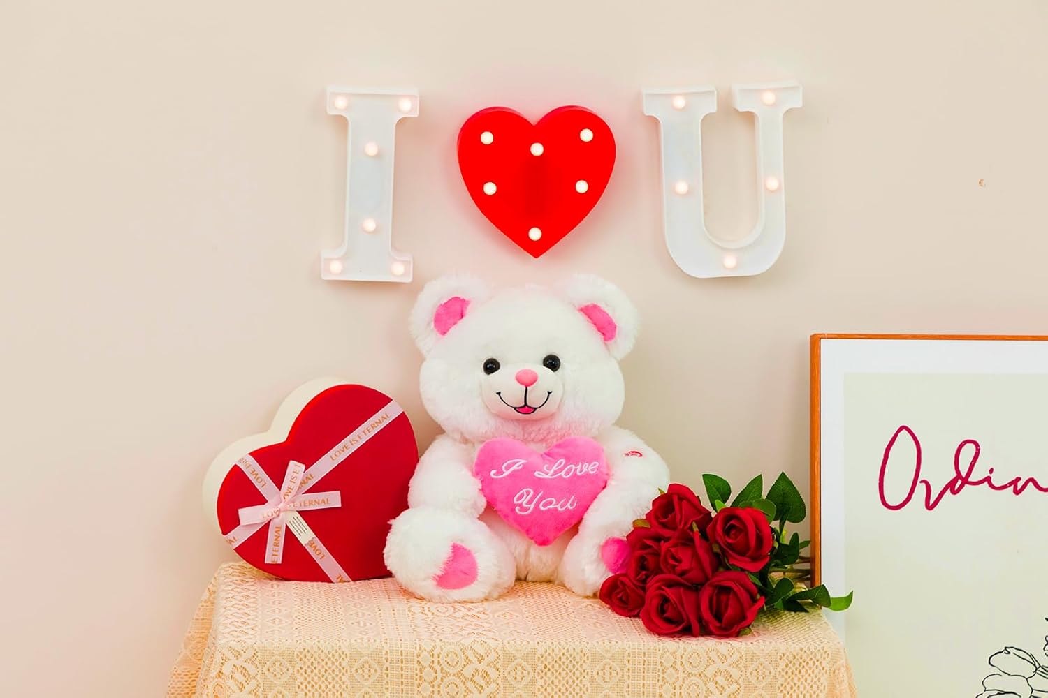 HollyHOME Teddy Bear with Pink Heart Plush Bear That Says I Love You and Blushes LED Stuffed Toys for Girlfriend and Kids Valentine's Day 13 inch White