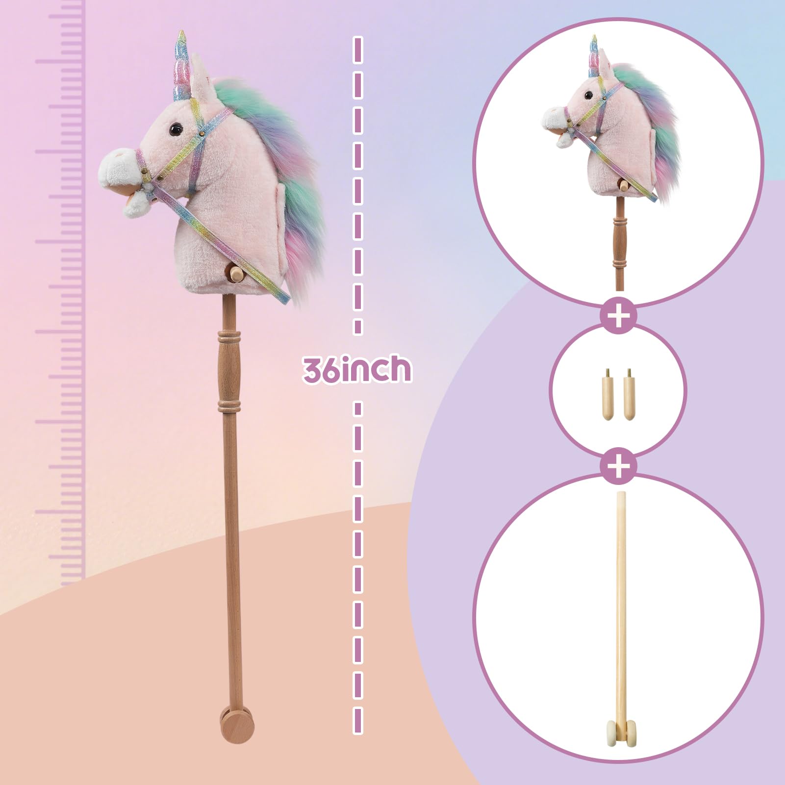 HollyHOME Unicorn Stick Horse with Wood Wheels Real Pony Neighing and Galloping Sounds Plush Unicorn Toy Pink with Rainbow Mane 36 Inches(AA Batteries Required)