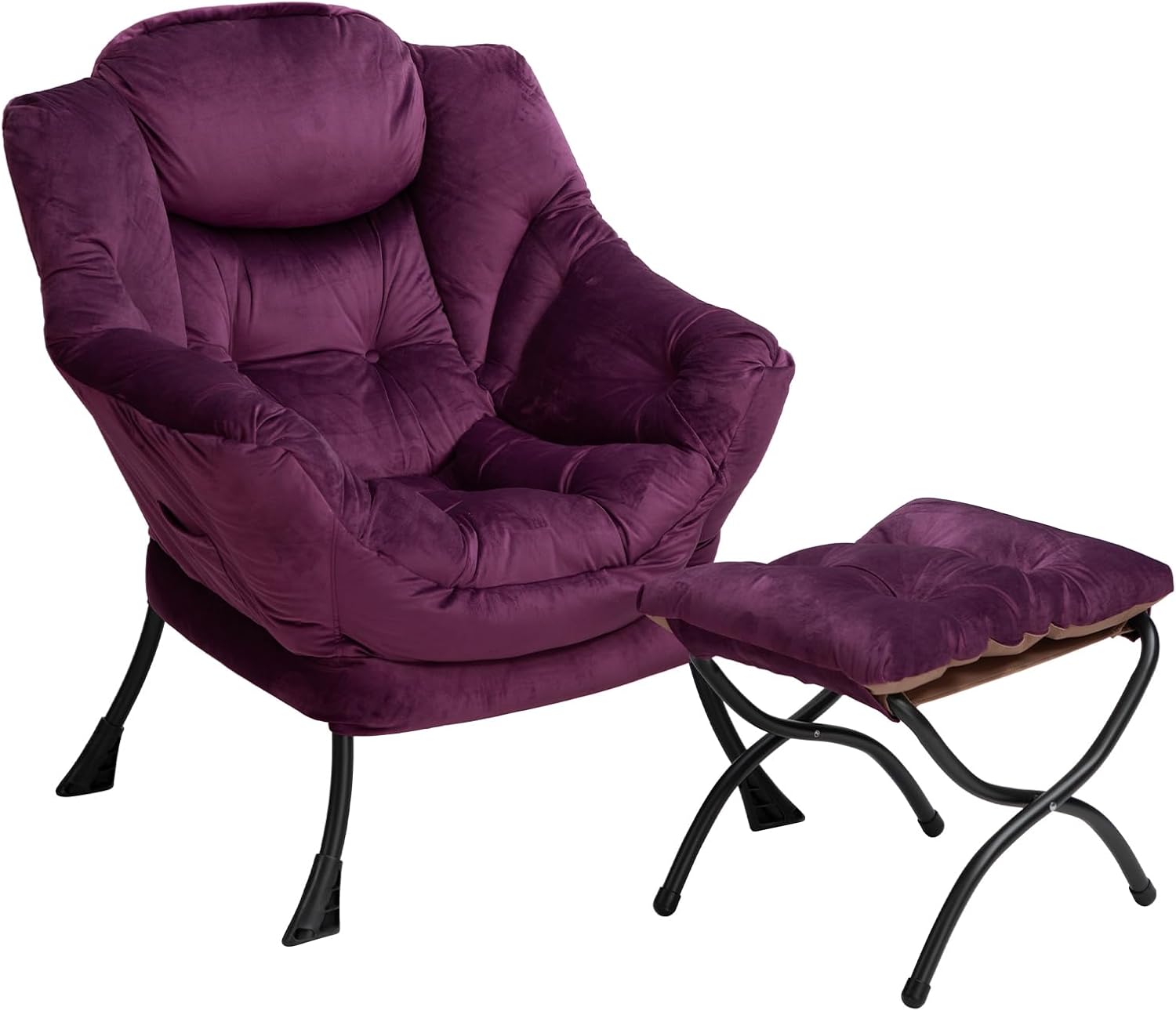 HollyHOME Fabric Lazy Chair with Foldable Ottoman, Accent Comfy Lounge Arm Chair and Folding Footrest Stool Set, Leisure Sofa Reading Chair and Footstool for Living Room, Bedroom, Dorm, Deep Purple