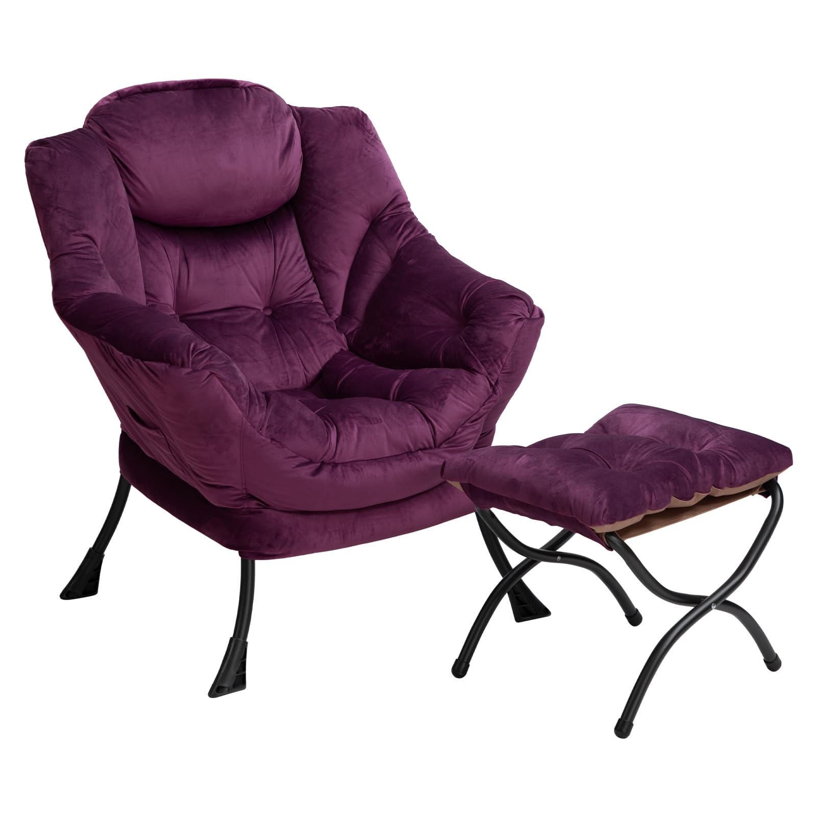 HollyHOME Fabric Lazy Chair with Foldable Ottoman, Accent Comfy Lounge Arm Chair and Folding Footrest Stool Set, Leisure Sofa Reading Chair and Footstool for Living Room, Bedroom, Dorm, Deep Purple