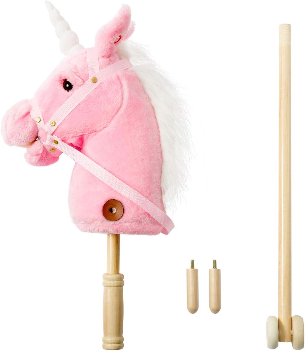 HollyHOME Unicorn Stick Horse Handcrafted Hobby Horse on a Stick with Wood Wheels Real Pony Neighing and Galloping Sounds Plush Unicorn Toy Purple 36 Inches(AA Batteries Required)