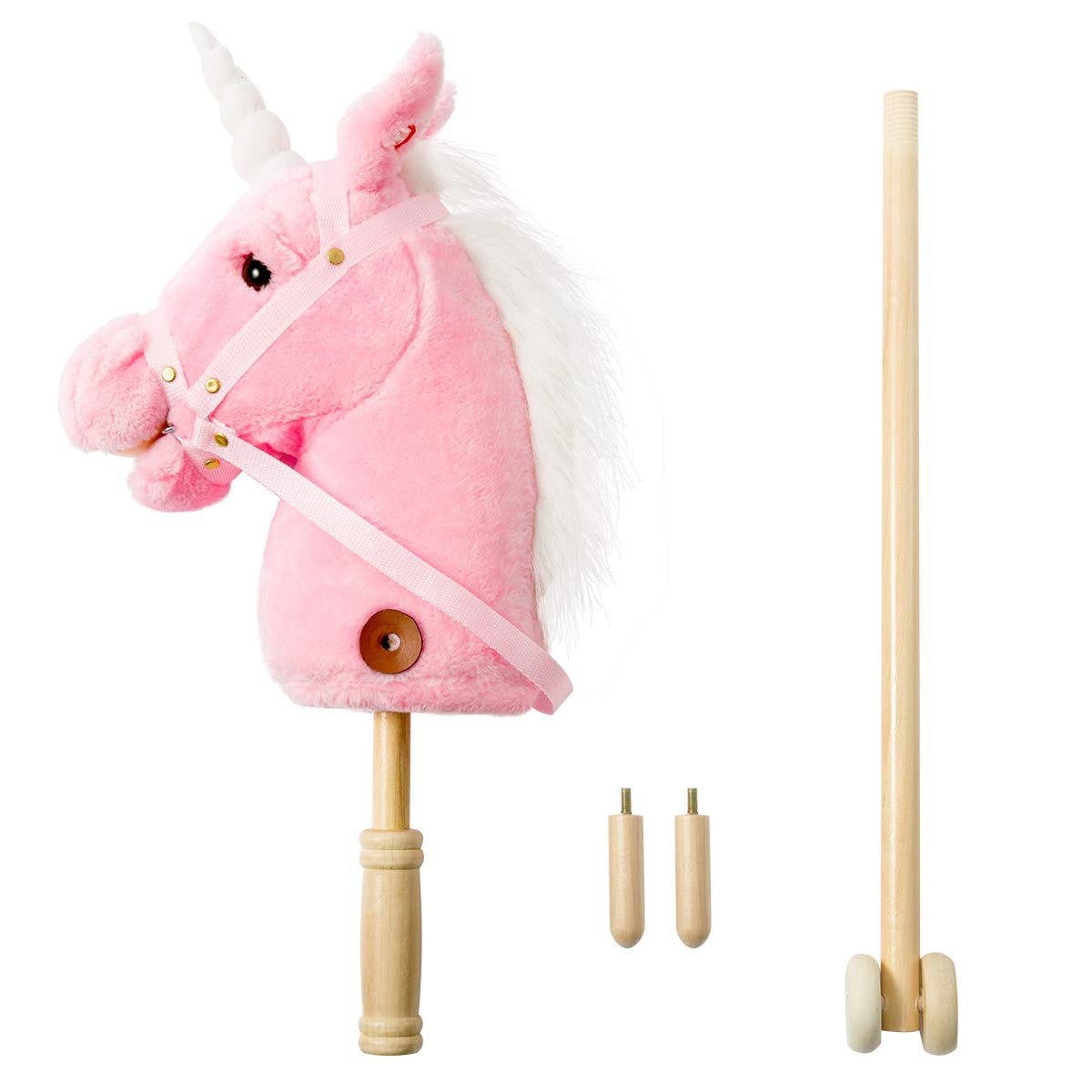 HollyHOME Unicorn Stick Horse with Wood Wheels Real Pony Neighing and Galloping Sounds Plush Unicorn Toy Pink with Rainbow Mane 36 Inches(AA Batteries Required)