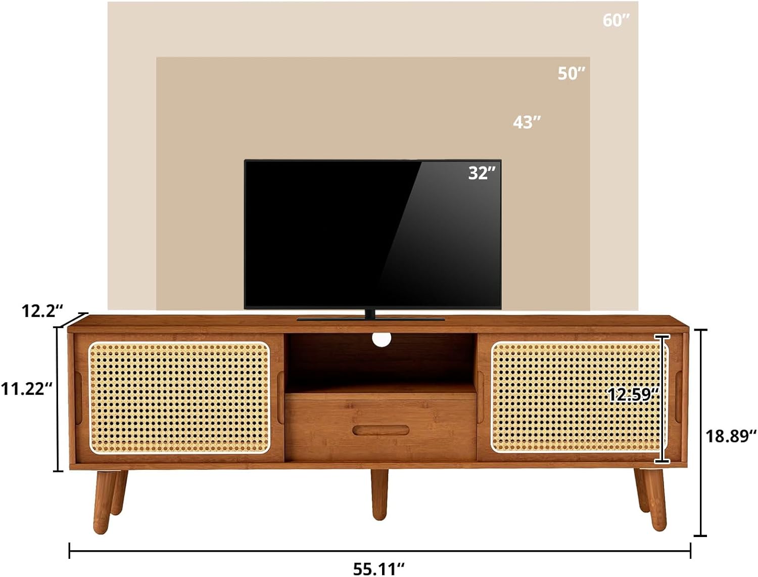 HollyHOME Bamboo TV Stand(Walnut Rattan and Drawer)