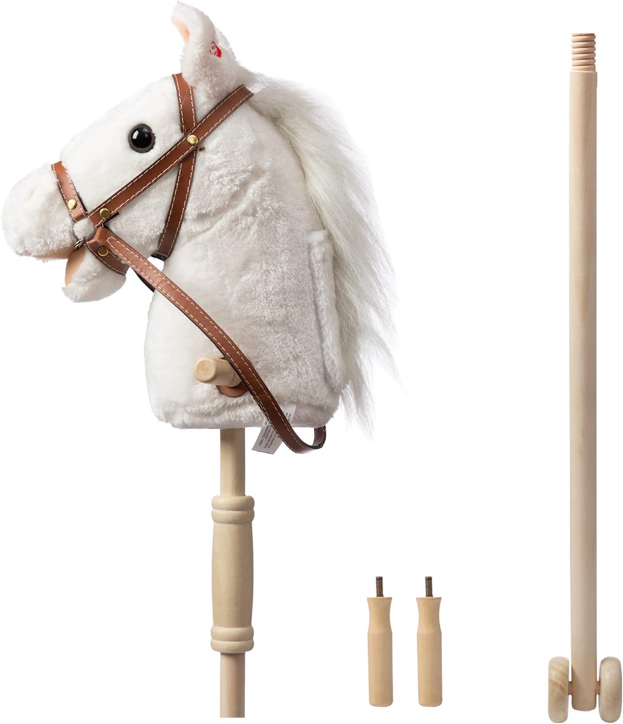 HollyHOME Stick Horse Plush Handcrafted Hobby Horse on a Stick with Wood Wheels Real Pony Neighing and Galloping Sounds for Kids Toddlers Beige 36 Inches(AA Batteries Required)