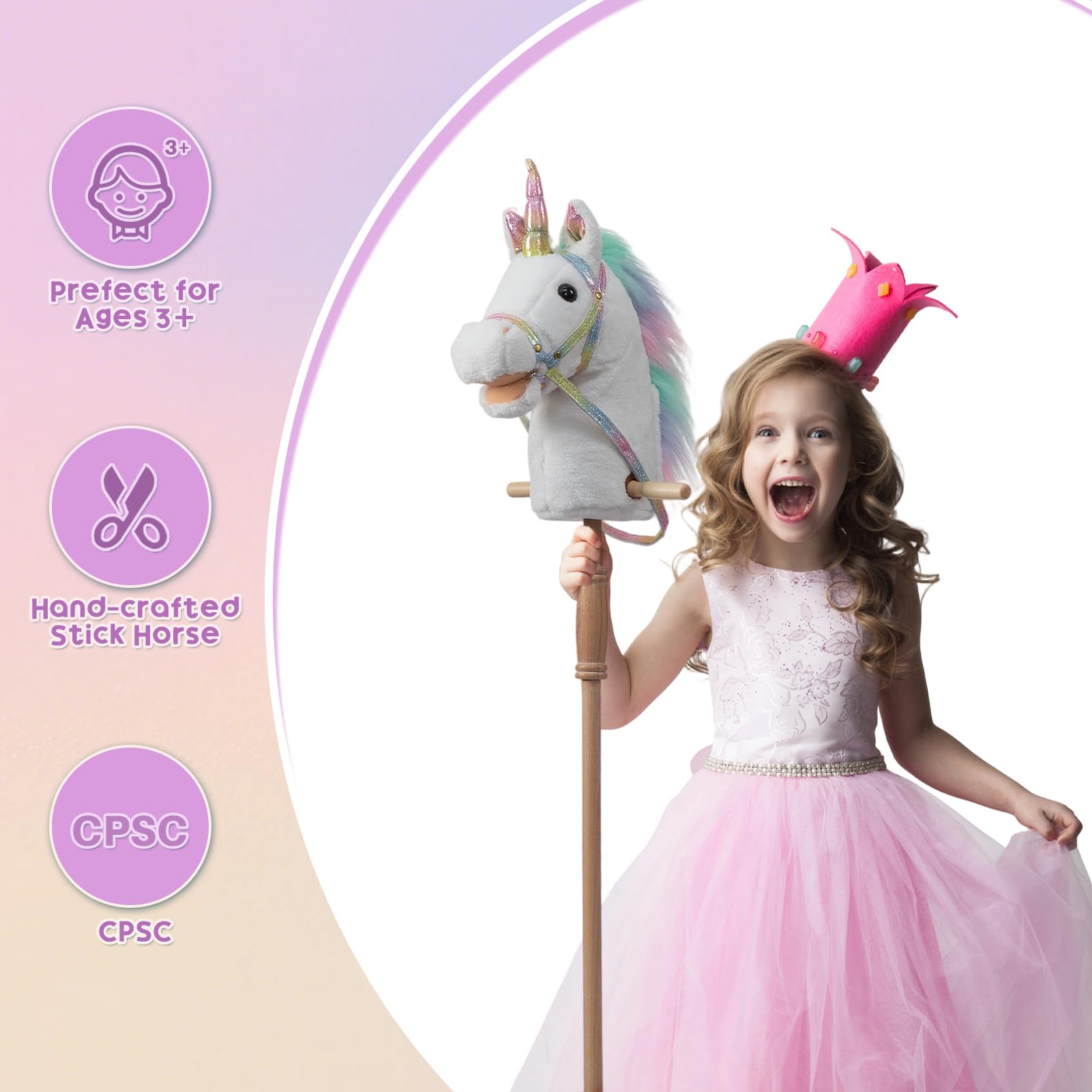 HollyHOME Unicorn Stick Horse with Wood Wheels Real Pony Neighing and Galloping Sounds Plush Unicorn Toy Pink with Rainbow Mane 36 Inches(AA Batteries Required)