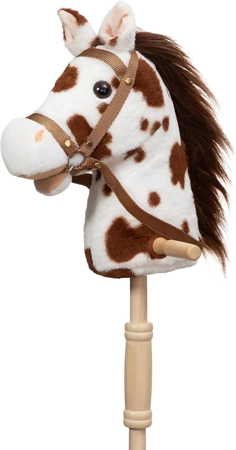 HollyHOME Stick Horse Plush Handcrafted Hobby Horse on a Stick with Wood Wheels Real Pony Neighing and Galloping Sounds for Kids Toddlers Appaloosa 36 Inches (AA Batteries Required)