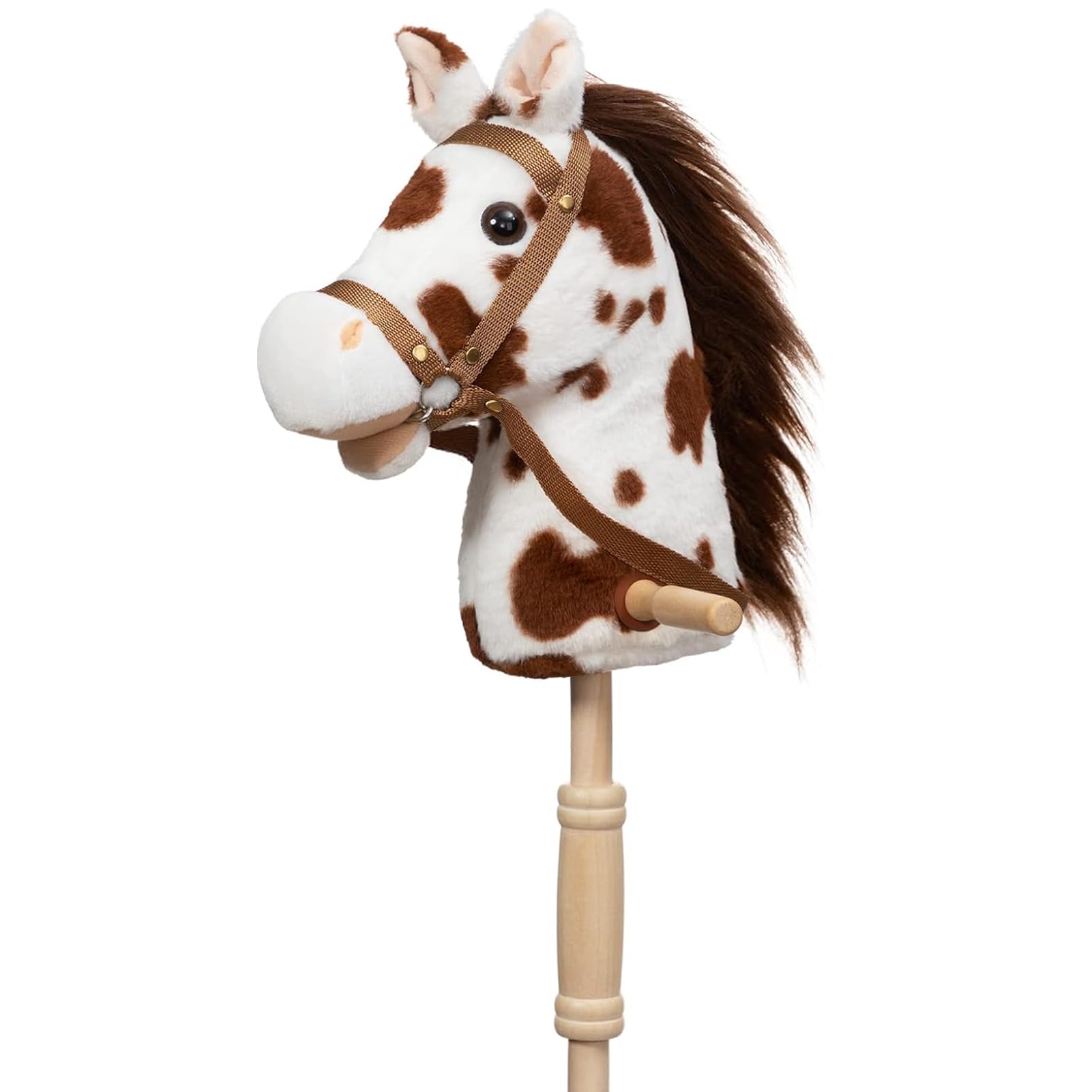 HollyHOME Stick Horse Plush Handcrafted Hobby Horse on a Stick with Wood Wheels Real Pony Neighing and Galloping Sounds for Kids Toddlers Appaloosa 36 Inches (AA Batteries Required)