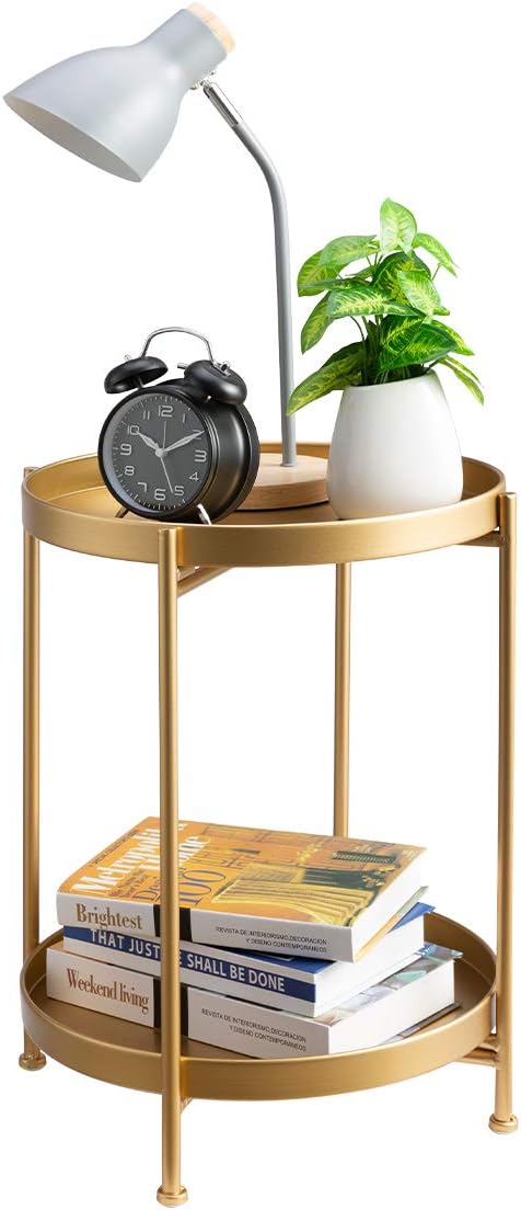 HollyHOME 2-Tier Round Metal End Side Table, Accent Anti-Rust Waterproof Simplistic Sofa Table, Modern Tray Outdoor&Indoor Folding Coffee Table, (D) 15.75" x(H) 20.47", Golden