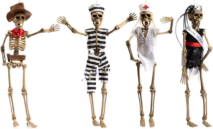 HollyHOME 4 Pieces Halloween Hanging Skeleton Props Skeleton Figures with Dress Haunted House Halloween Party Supplies Halloween Decorations Outdoor 17 Inch