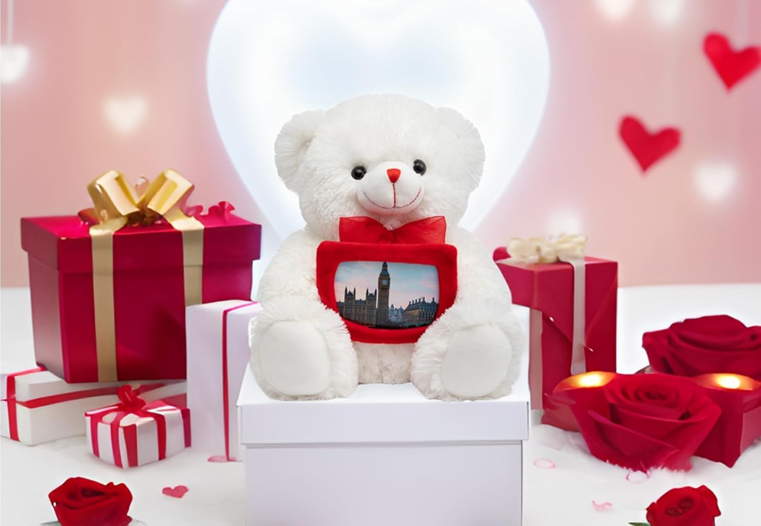 HollyHOME Teddy Bear Stuffed Animal Plush Bear with Red Bow Holding a Picture Frame Soft Plush Toy Christmas Valentine's Day Gift 12 Inches White