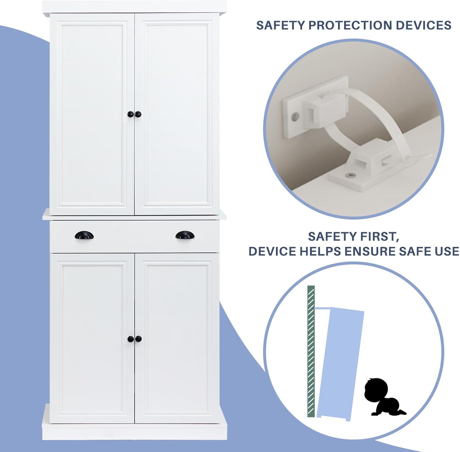 HollyHOME Kitchen Pantry Cabinet White（4-Door with Sliding Shelves）