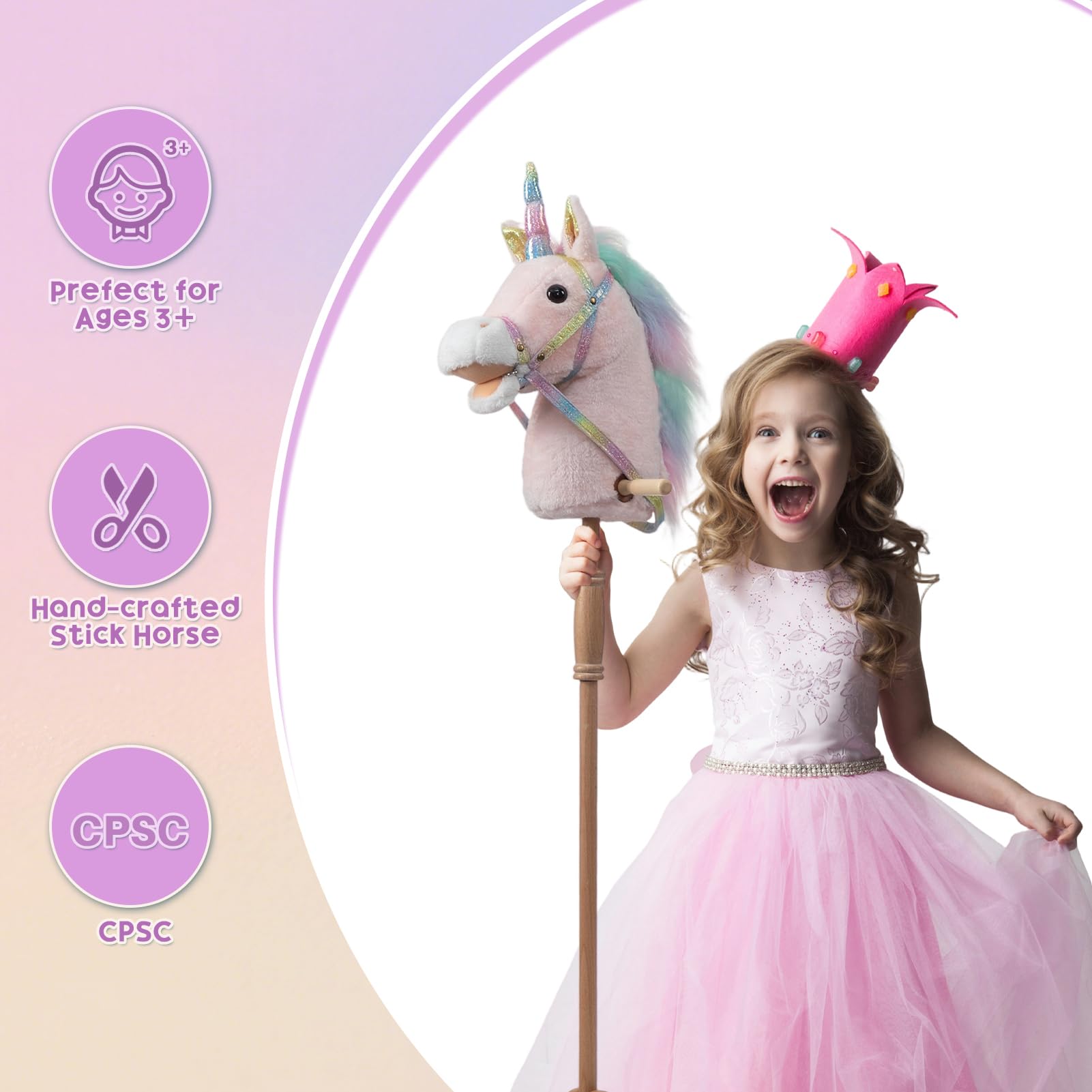 HollyHOME Unicorn Stick Horse with Wood Wheels Real Pony Neighing and Galloping Sounds Plush Unicorn Toy Pink with Rainbow Mane 36 Inches(AA Batteries Required)