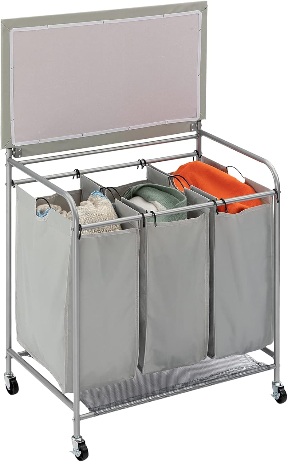 HollyHOME Rectangular Laundry Sorter with Folding Ironing Board, 3-Section Laundry Basket Sorter with Lockable Wheels for Laundry Bedroom Bathroom Living Room Grey