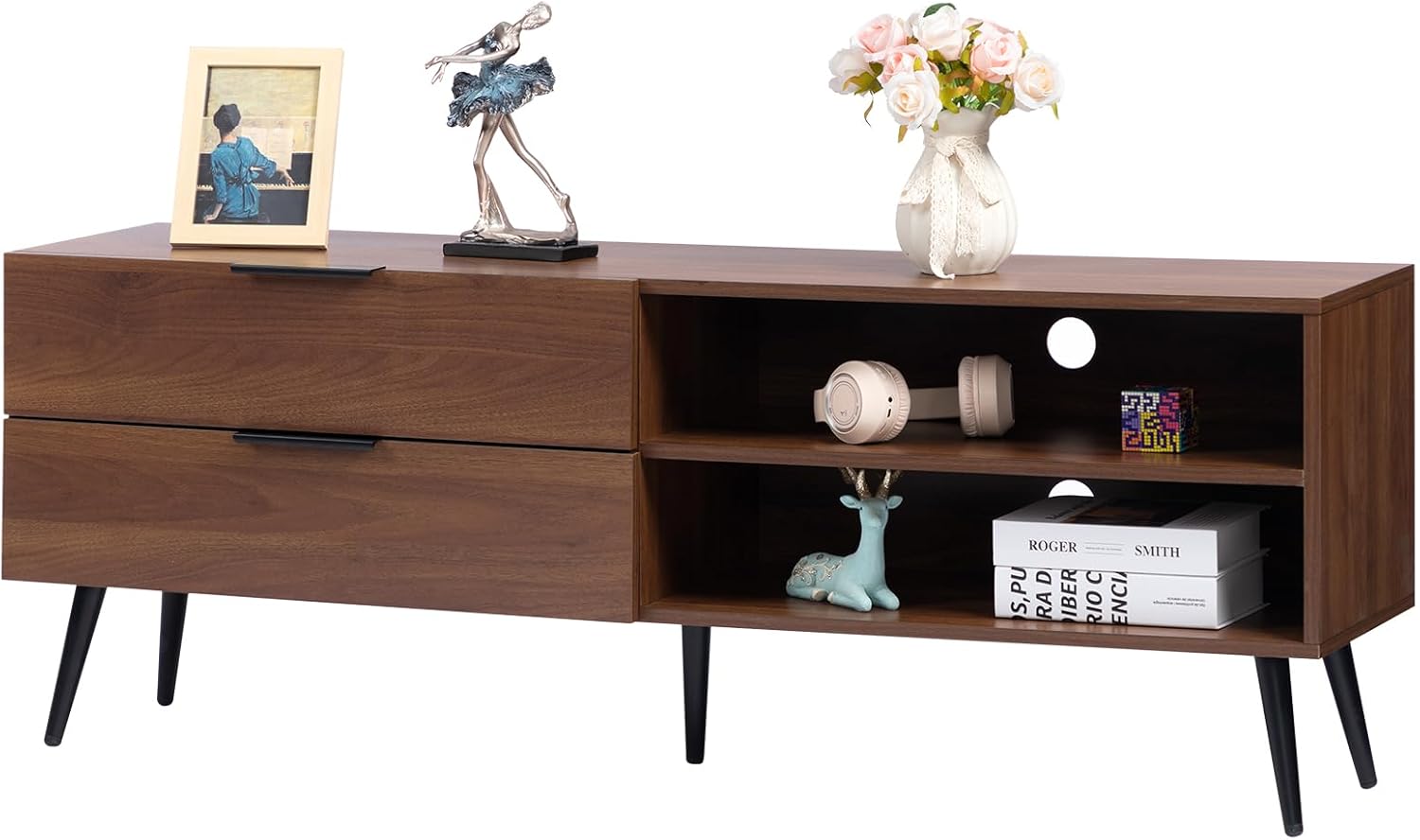 HollyHOME 53"(L) Retro Brown Wood TV Stand(with 2 Drawers）
