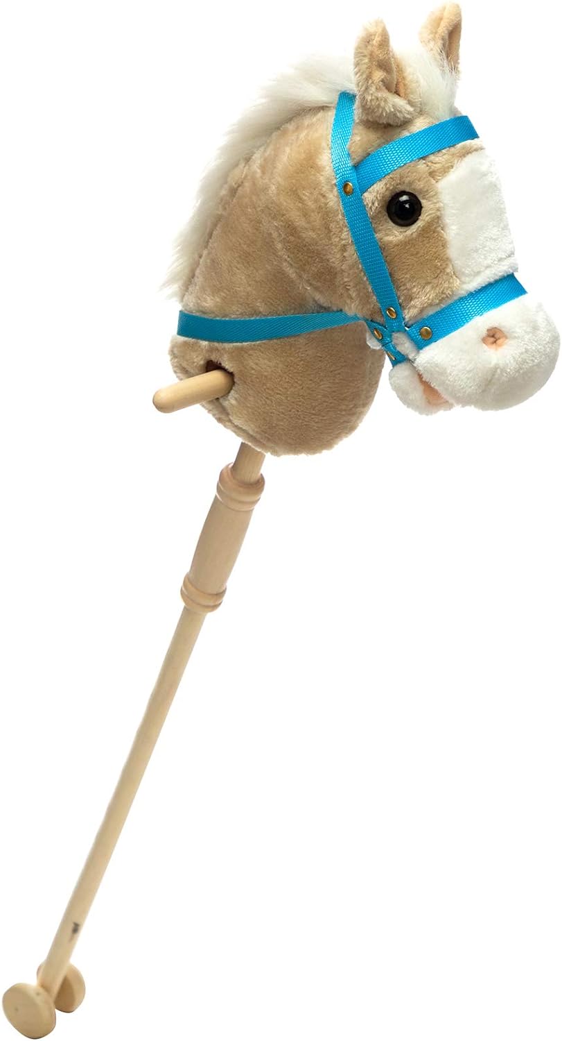 HollyHOME Stick Horse Plush Handcrafted Hobby Horse on a Stick with Wood Wheels Real Pony Neighing and Galloping Sounds for Kids Toddlers Beige 36 Inches(AA Batteries Required)