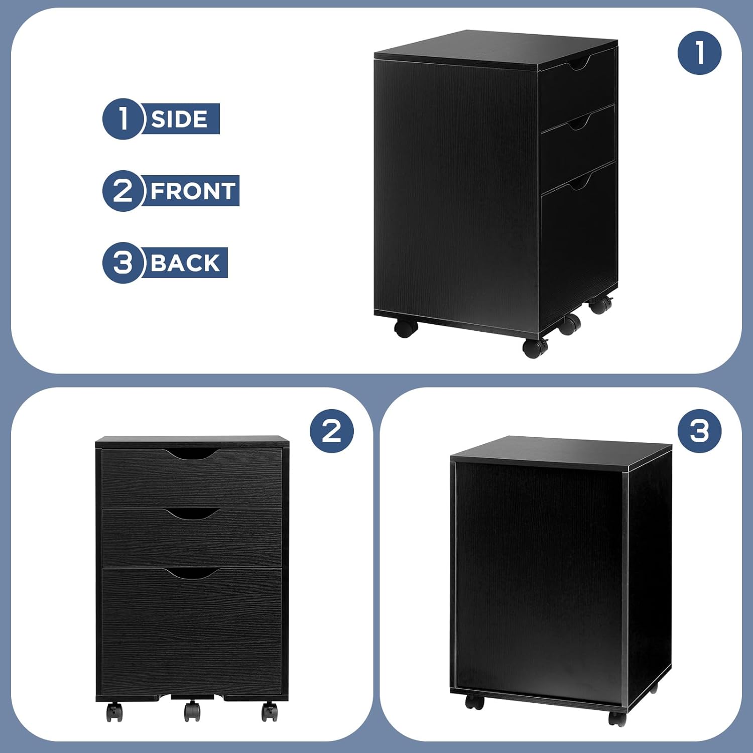 HollyHOME Black 3-Drawer Wood File Cabinet