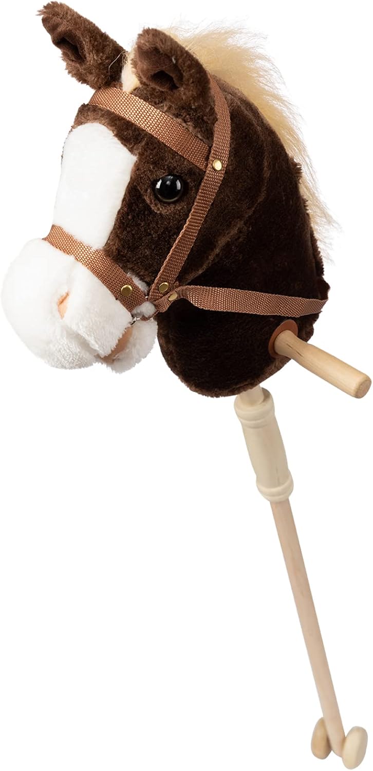 HollyHOME Stick Horse Plush Handcrafted Hobby Horse on a Stick with Wood Wheels Real Pony Neighing and Galloping Sounds for Kids Toddlers Beige 36 Inches(AA Batteries Required)