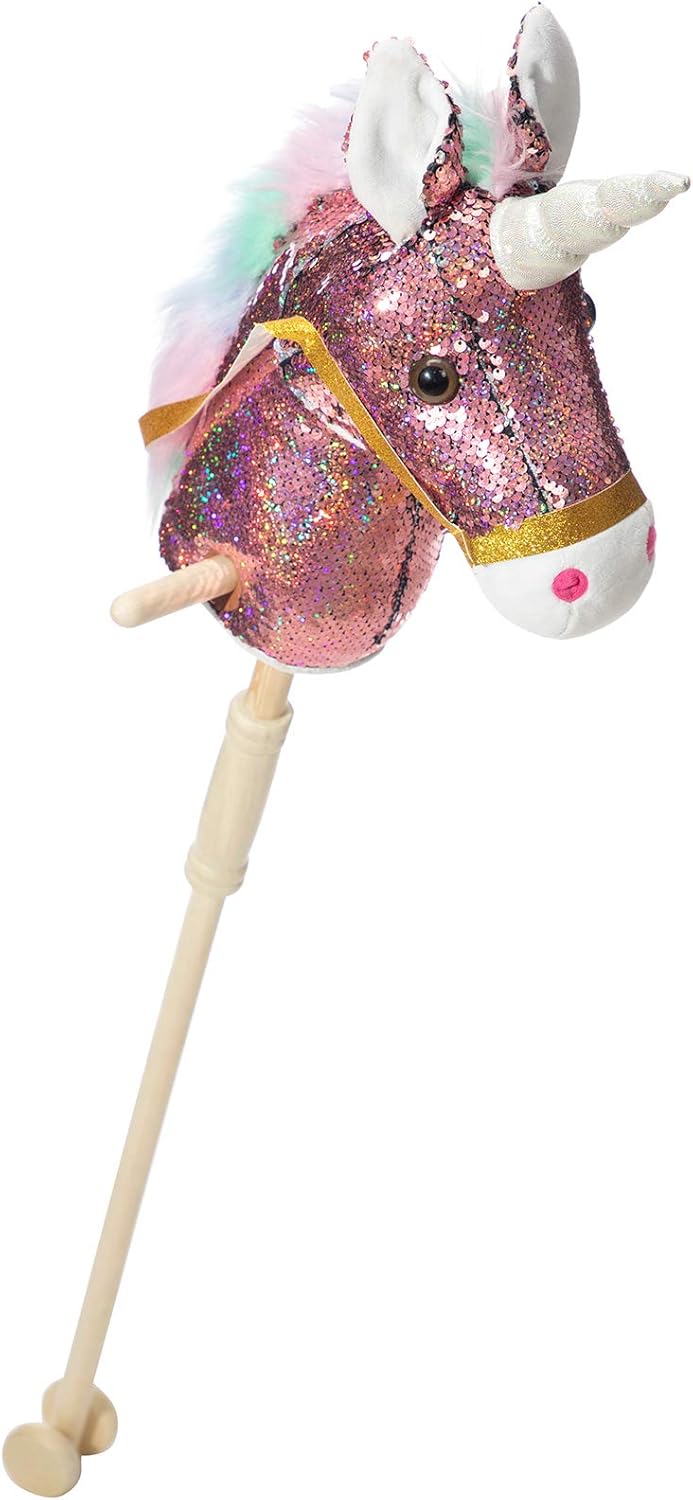 HollyHOME Sequin Unicorn Stick Horse Handcrafted Hobby Horse on a Stick with Wood Wheels Real Pony Neighing and Galloping Sounds Plush Unicorn Toy Pink 36 Inches(AA Batteries Required)